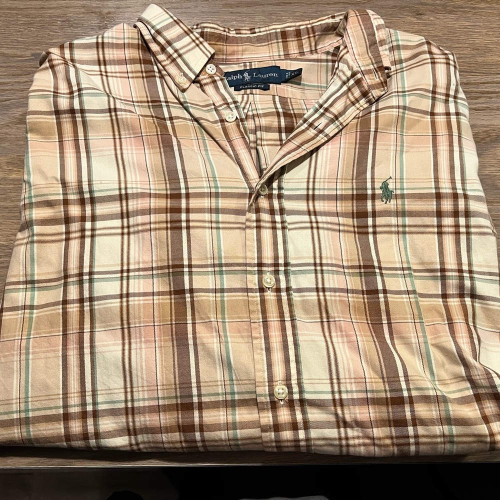 Ralph Lauren Men's Plaid Shirt - Tan and Green